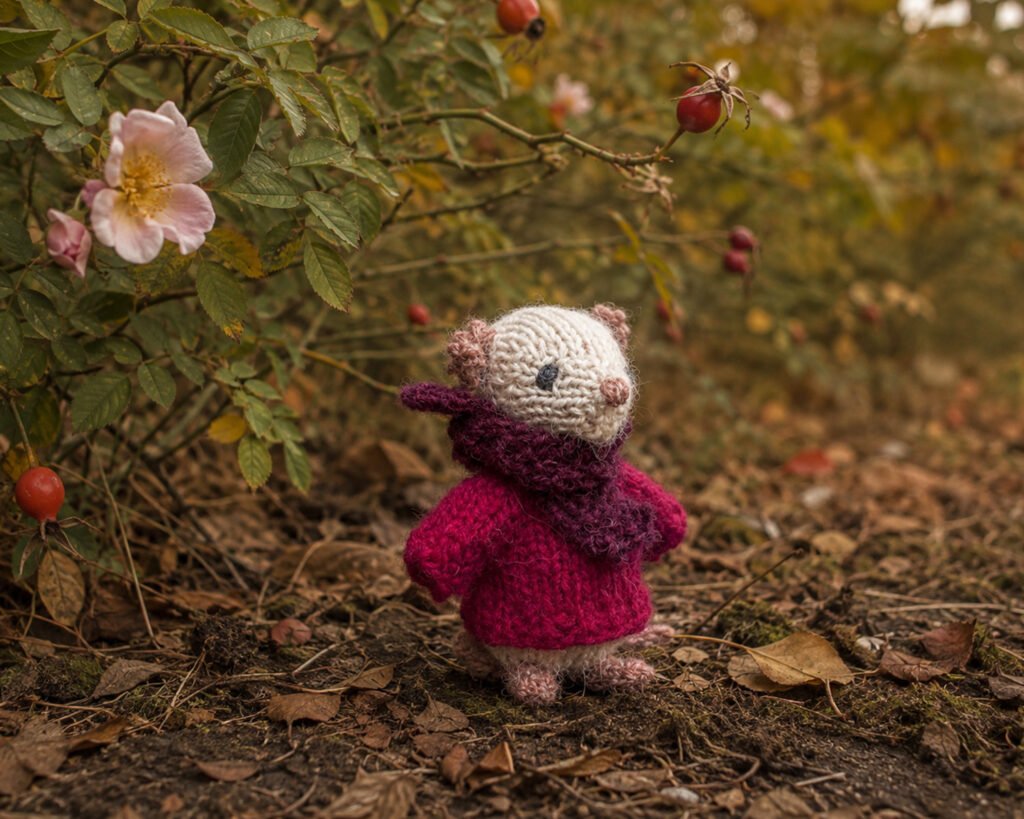 Muisje Rosa naast wilde rozenstruik