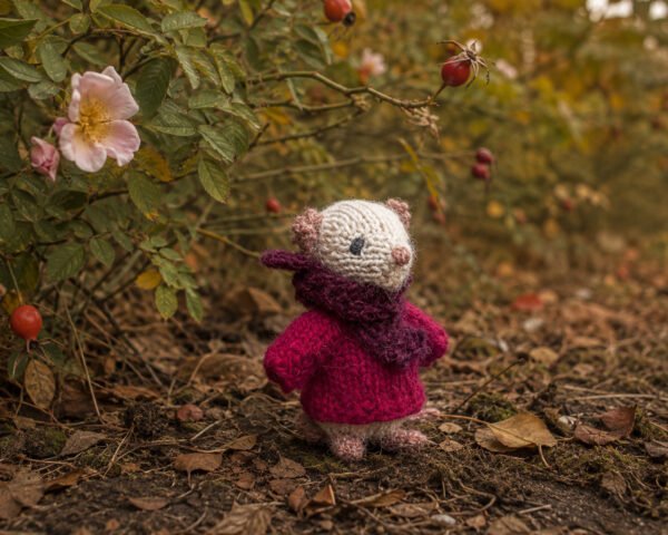 Muisje Rosa naast wilde rozenstruik