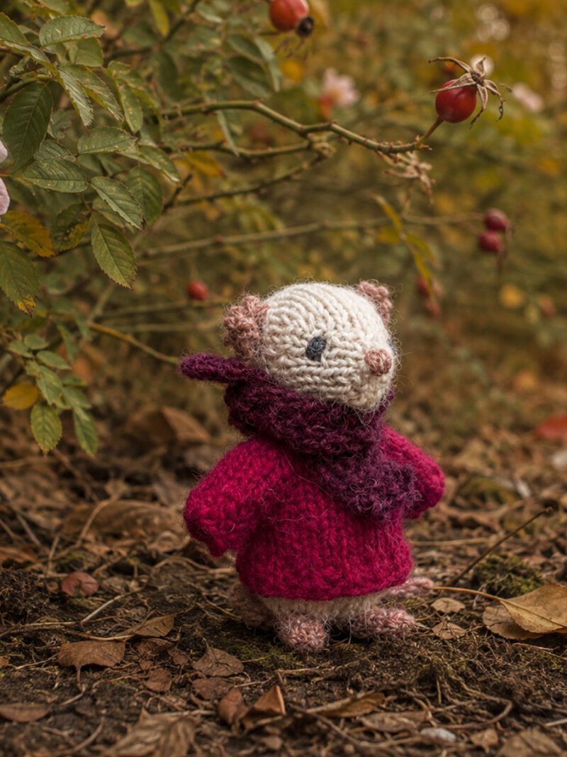Muisje Rosa naast wilde rozenstruik
